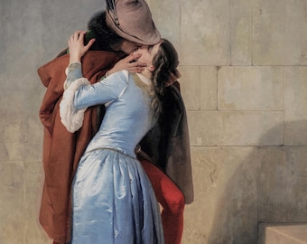 キス 若い恋人たちの肖像画 - 中世のロマンティックな絵画