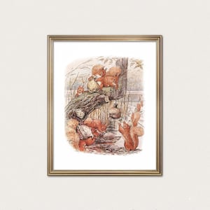 May include: A framed illustration featuring several reddish-brown squirrels interacting with small sacks and a tree branch. The scene depicts the squirrels gathering and moving items near a body of water with reeds, rendered in a soft, detailed watercolor style.
