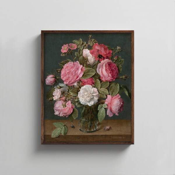 Roses in a Glass Vase 17th Century Floral Still Life --- antique french flower painting, summer rose art, romantic pink rose