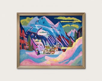 Davos in Winter Kirchner Print - pink modern art, expressionist painting · Digital Download