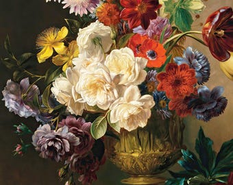 夏の花 花の静物画 - オランダの花の絵画、ダークフラワーアート
