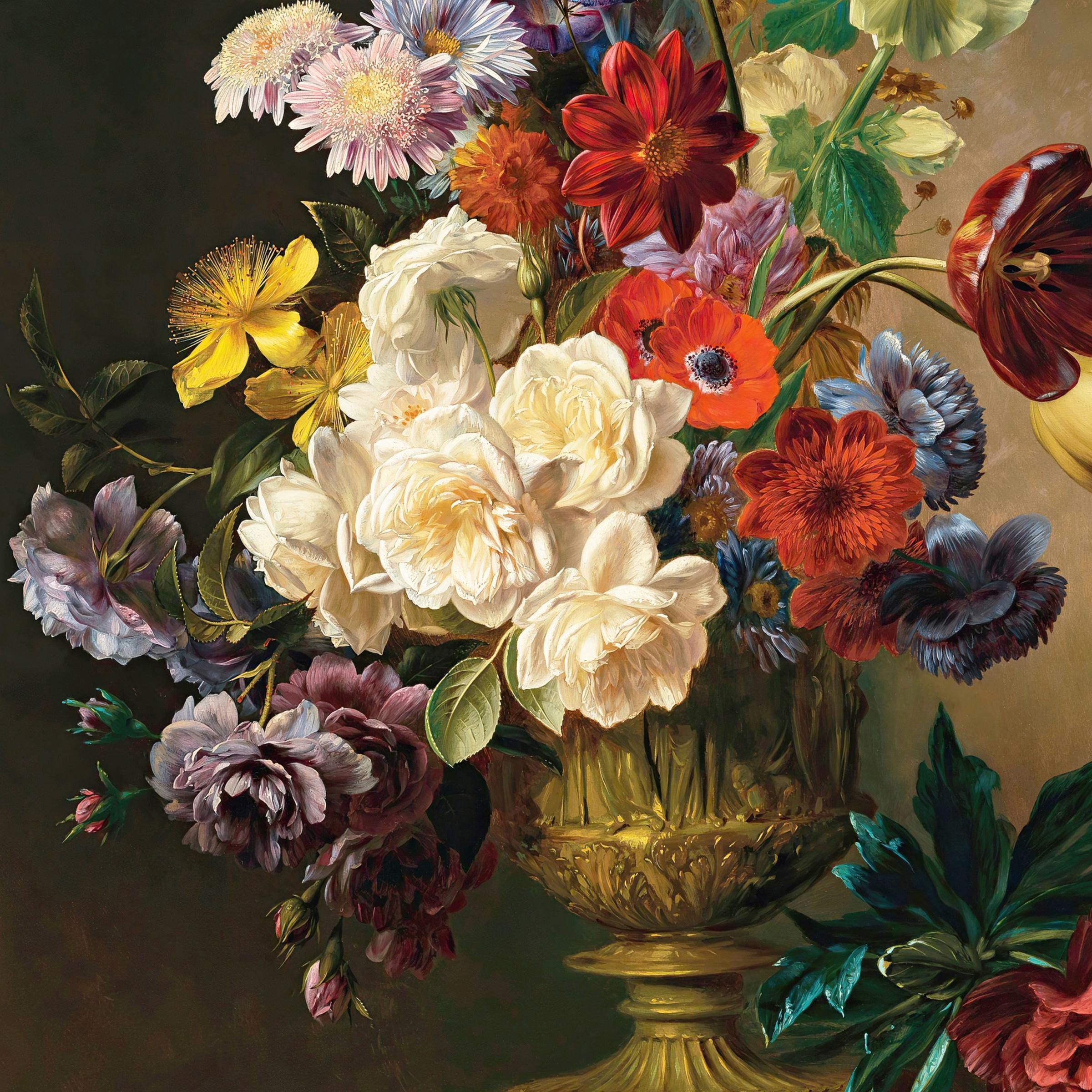 夏の花 花の静物画 - オランダの花の絵画、ダークフラワーアート