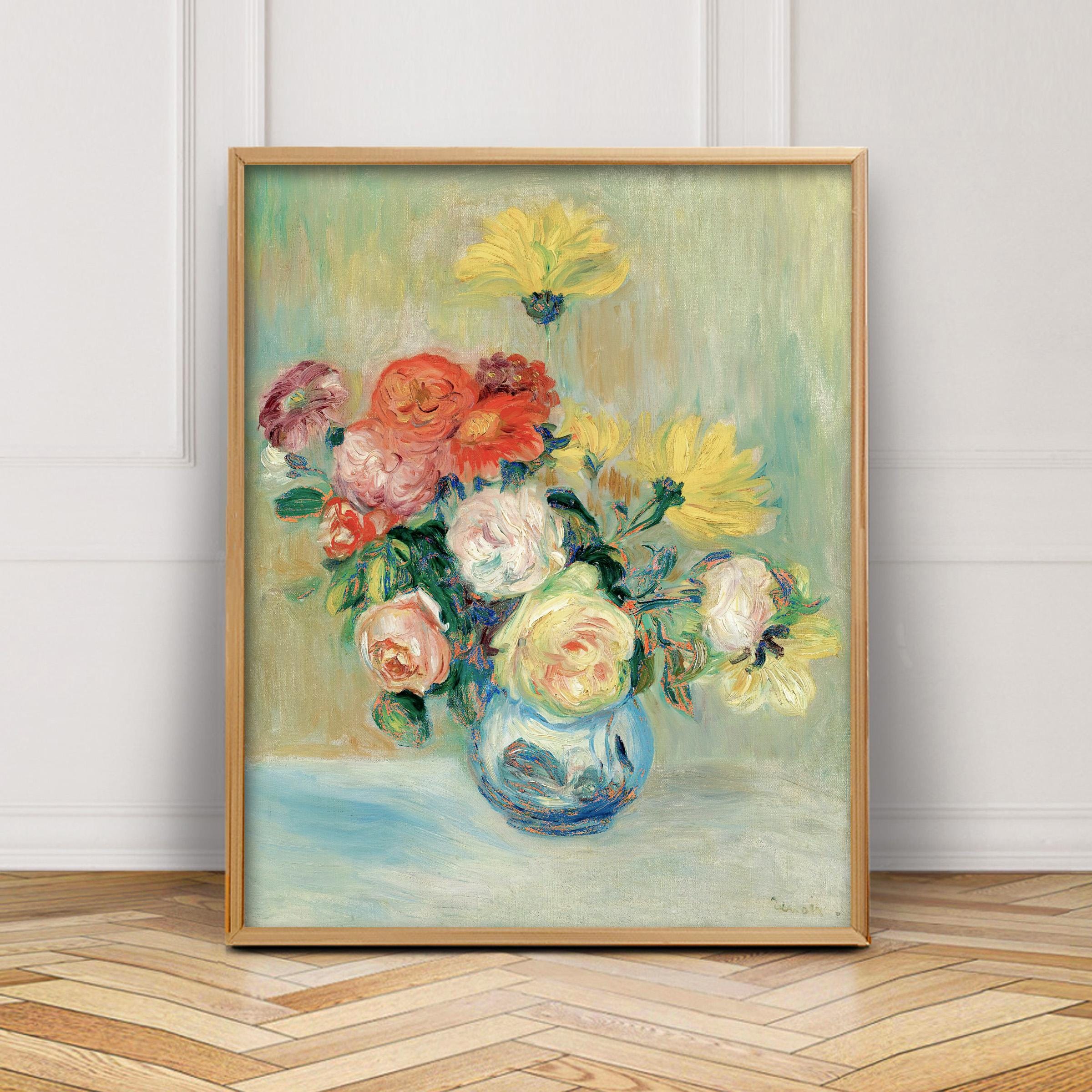 バラとダリアの花瓶 ルノワール版画 - カントリーフラワーアート、花の