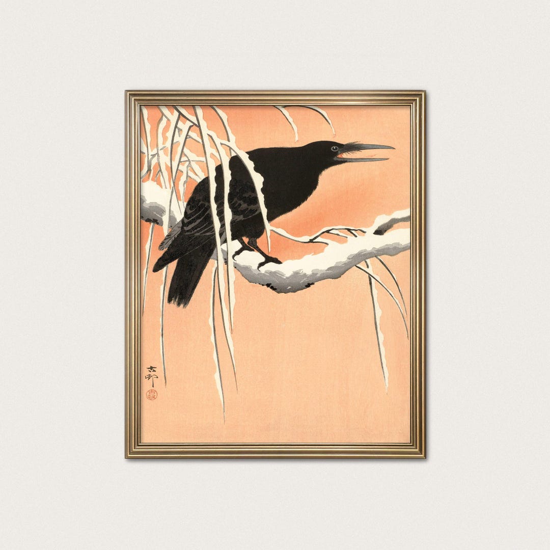 雪の枝にとまるカラス 版画 1920年頃 – 大原古邨 日本の木版画