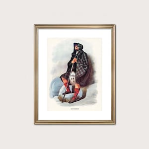 May include: Framed print depicting a man in traditional Scottish Highland dress. The artwork shows a man in a kilt, tartan cloak, and bonnet, holding a walking stick. The image has a vintage style, with the name "Davidson" printed at the bottom.