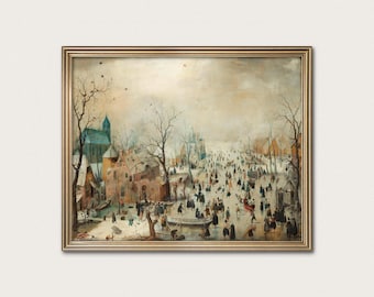 Dutch Village Life (1608) — Winter Landscape with Ice Skaters, 17th Century Frozen River Art by Hendrick Avercamp — Digital Download