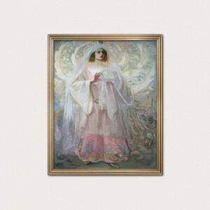 May include: A framed painting of a woman in a flowing white veil and pink dress, holding a glowing orb. The artwork has a gold frame and a soft, ethereal color palette with pastel hues. The background features swirling, abstract patterns.
