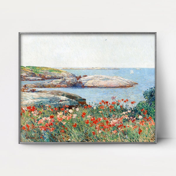 Poppies 1890s PRINTABLE Rocky Beach Seascape • Ocean art impressionist painting | poppy print, coastal maine decor, wildflower wall art