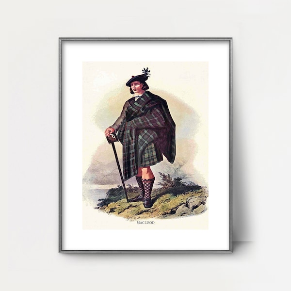 Impression imprimable du clan MacLeod des années 1840 --- paysage écossais vintage, art mural pour hommes, peinture de kilt tartan, décoration victorienne, cadeau fête des pères