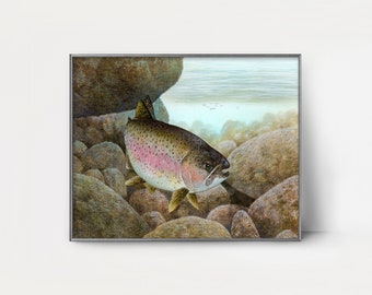 1920s Rainbow Trout Painting --- watercolor fish print lake house decor, mens wall art, vintage fishing art, nature home decor
