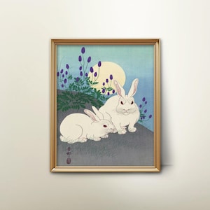 Kaninchen unter Vollmond japanische Malerei - ohara koson holzschnitt