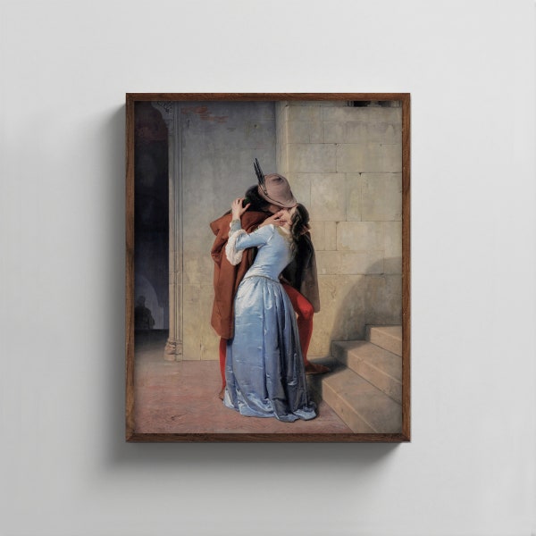 The Kiss 1850s Young Lovers Portrait --- medieval romantic painting, vintage gothic bedroom decor, shadowy castle interior art