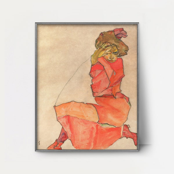 Woman Kneeling 1910 Egon Schiele Expressionist Painting --- vintage modern art, noir portrait print, dark intense figural art