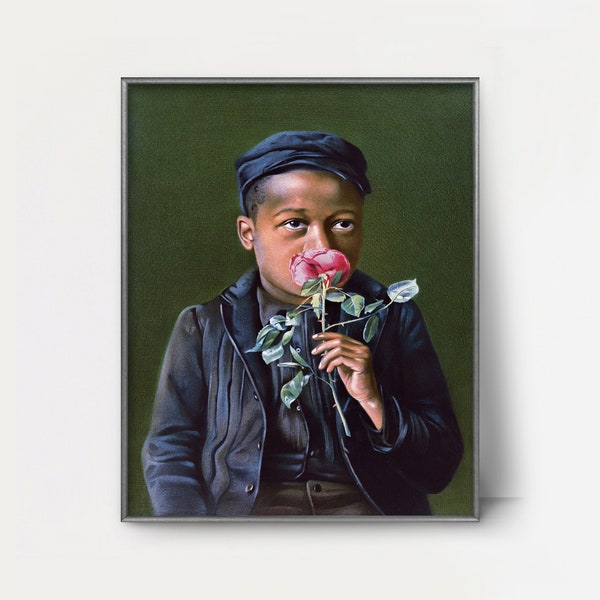 American Beauty 1890s African American Art --- 1800s black boy smelling a rose painting vintage black americana, child portrait