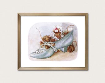 May include: A framed watercolor illustration featuring several brown mice nestled inside and around a light blue vintage-style shoe. One mouse wears a white bonnet with a pink accent. The shoe features intricate white lace detailing across the front.