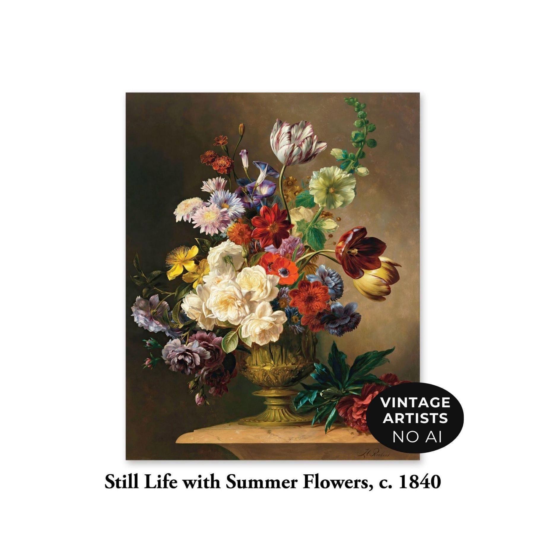 夏の花 花の静物画 - オランダの花の絵画、ダークフラワーアート