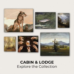 The image is a collage of various artworks, including paintings and photographs, that depict a cabin and a lodge in a natural setting.