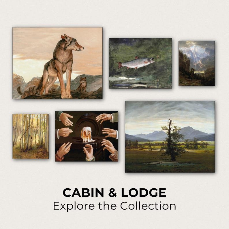 The image is a collage of various artworks, including paintings and photographs, that depict a cabin and a lodge in a natural setting.