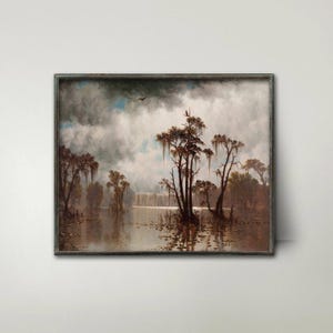 Louisiana Bayou Southern Cypress Tree Print - lake decor, dark wall art
