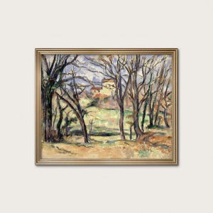 May include: A framed landscape painting featuring a rural scene with bare trees, a grassy field, and a building in the distance. The artwork has a warm color palette with shades of brown, green, and yellow. The frame is gold.