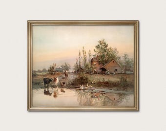 Vintage Farmhouse Watercolor Print, American Barn Landscape (Digital Download)