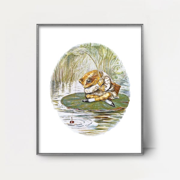 Fishing Frog Beatrix Potter Printable Wall Art --- vintage beatrix potter print, frog print lily pad, baby boy nursery decor