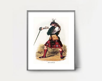 DRUCKBARER MacLachlan-Clan-Druck aus den 1840er Jahren – schottische Vintage-Landschaft, Herren-Wandkunst, Tartan-Kilt-Gemälde, viktorianisches Dekor, Vatertagsgeschenk