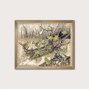 Op de afbeelding: Een ingelijste illustratie met een groep groene kikkers op een houten boomstam in een moerassige omgeving met hoog gras. Het kunstwerk toont gedetailleerde inktlijnen en aquarelverf, waarbij de kikkers in verschillende houdingen zijn afgebeeld.