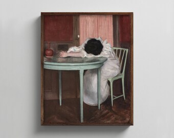 Tired 1900s Sleeping Woman Portrait --- gift for mom, exhausted everyday art painting, vintage kitchen decor, feminine wall art