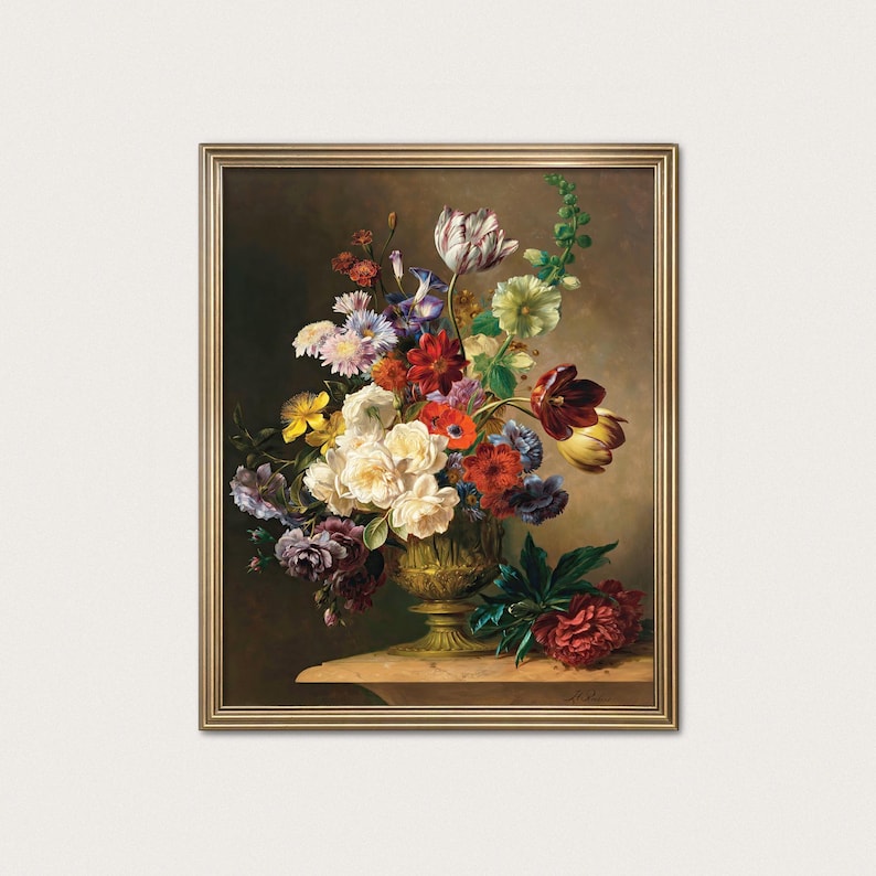 Bodegón floral de flores de verano - pintura floral holandesa, arte floral oscuro · Descarga digital imagen 1