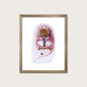 Impressão digital de um ratinho tricotando da Beatrix Potter | Arte de um ratinho costurando | Impressão de conto literário | Download digital