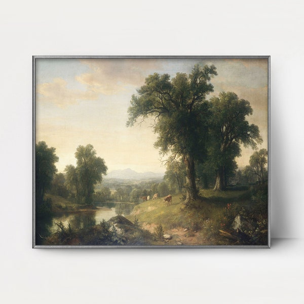 Pastoral Scene 1870s Hudson River School Painting --- hudson valley landscape wall art hudson river school print, tree print