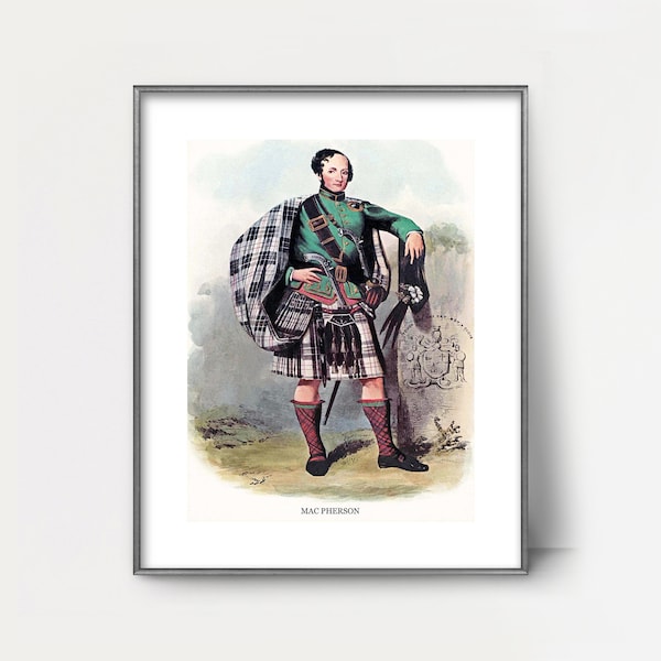 PRINTABLE 1840s MacPherson Clan Print -- vintage scottish landscape , mens wall art, tartan kilt painting, victorian decor, fathers day gift