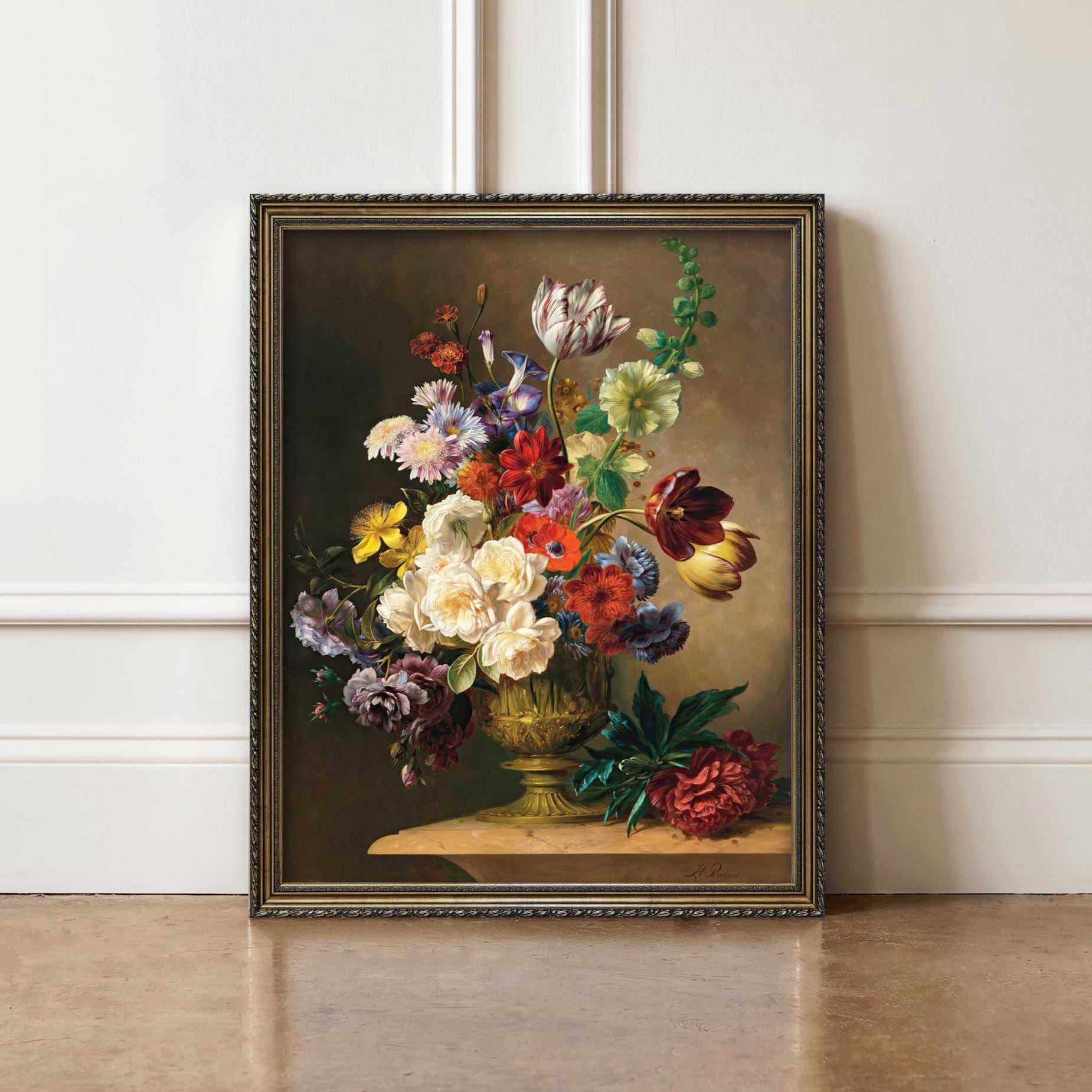 夏の花 花の静物画 - オランダの花の絵画、ダークフラワーアート