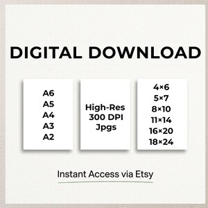 The image is a digital download advertisement for a collection of high-resolution images, including A6, A5, A4, and A3 A2. The images are intended for use in various applications, such as high-resolution jpegs and photos. The advertisement provides instant access via Etsy, and the text is kept to a minimum to avoid redundancy and ensure clarity.
