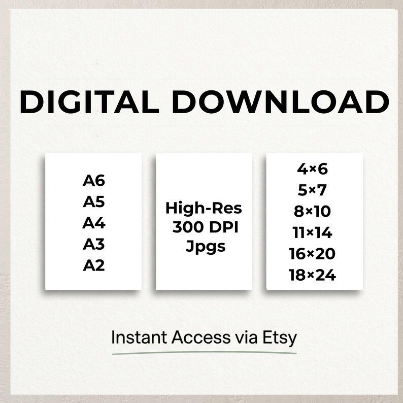 The image is a digital download advertisement for a collection of high-resolution images, including A6, A5, A4, and A3 A2. The images are intended for use in various applications, such as high-resolution jpegs and photos. The advertisement provides instant access via Etsy, and the text is kept to a minimum to avoid redundancy and ensure clarity.