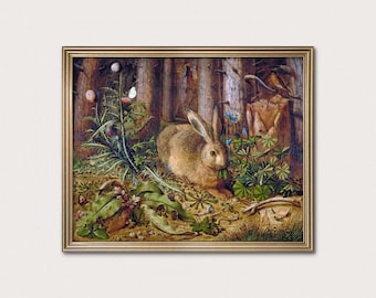 Antique Rabbit Painting: 16th Century Hare in Forest Art (Digital Download)