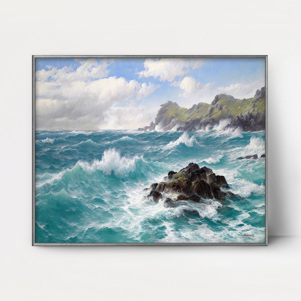 Waves off the Cornish Coast 1880s Seascape Painting --- crashing surf, rustic atlantic ocean print, rocky english landscape art