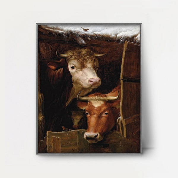 No Place Like Home 1870s Cow Painting --- vintage winter farmhouse decor, antique cow wall art, animal barn artwork, victorian country print