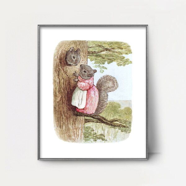 Timmy Tiptoes Beatrix Potter Printable Wall Art -- vintage beatrix potter print, pink squirrel print, baby girl nursery decor
