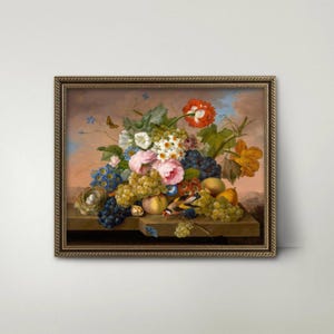 Birds Nest Flowers Still Life - flower painting chic flower wall art, fruit art