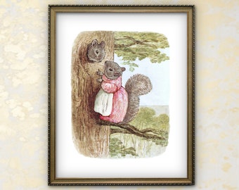 Timmy Tiptoes Beatrix Potter Printable Wall Art -- vintage beatrix potter print, pink squirrel print, baby girl nursery decor