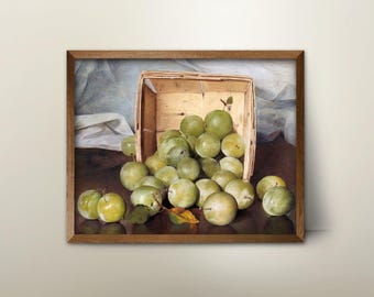 Basket of Fresh Fruit Still Life Painting - country kitchen decor, farmhouse art
