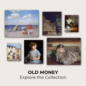 The image is a collage of six different paintings, each depicting various scenes and subjects. The collage is titled "Old Money" and encourages viewers to explore the collection.