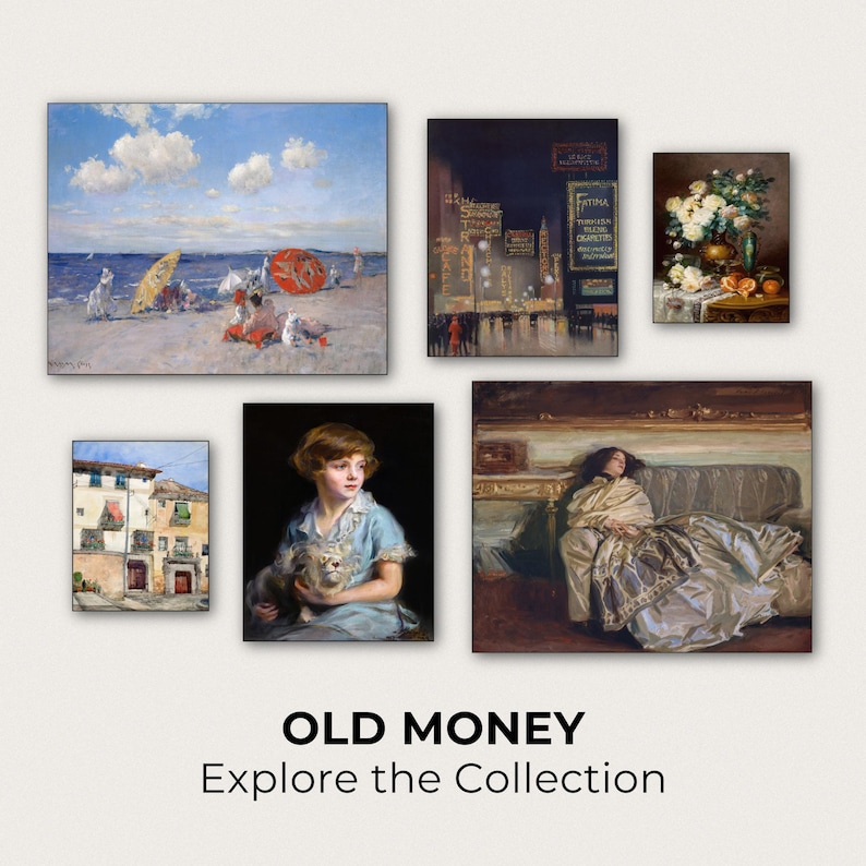 The image is a collage of six different paintings, each depicting various scenes and subjects. The collage is titled "Old Money" and encourages viewers to explore the collection.
