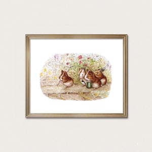 May include: A framed print featuring a whimsical illustration of four guinea pigs in a garden setting. One guinea pig holds a rake, while others tend to a watering can and other gardening tools. The artwork is set against a backdrop of flowers and foliage.