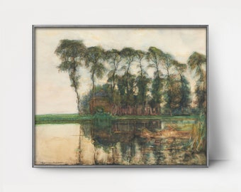 Piet Mondrian 1900s Farmhouse Landscape Print --- tree landscape art, dreamlike watercolor painting, evening landscape wall art