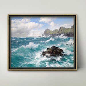 Pintura de paisaje marino de olas en la costa de Cornualles: olas rompiendo, arte oceánico rústico