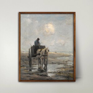 Nederlandse Noordzeeprint paard en wagen - kustkunst, mistige ochtend visserskunst
