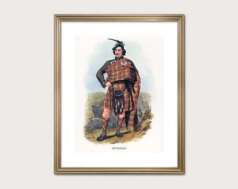 Guerrero del clan Buchanan — R.R. McIan, 1845. Grabado del clan de las Tierras Altas. Arte escocés de tartán. (Descarga digital)